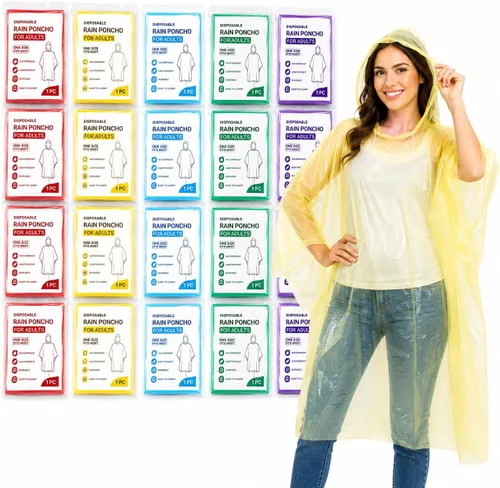 Juvale Ponchos de lluvia para adultos, tamaño único (50 x 39.4 pulgadas), plástico con capucha, 5 colores vibrantes, paquete familiar de 20 ponchos