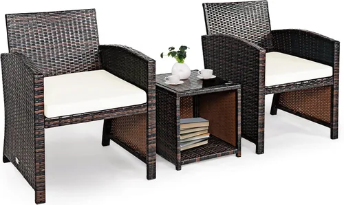 Miniatura 11 de Tangkula Juego de muebles de ratán de polietileno de 3 piezas, juego de conversación de patio con silla y mesa de café de almacenamiento, cojín Gris