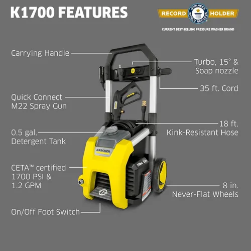 Miniatura 2 de Kärcher Pressure Washer K1700, 3 Spray Nozzles, Detergent Tank, for Cars, Driveways, Siding, Patios, 2125 max. PSI, 1.46 max. GPM
