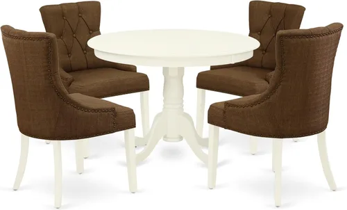 Miniatura 14 de East West Furniture HLFR3-LWH-18 - Juego de mesa y sillas de cocina de 3 piezas contiene una mesa redonda de comedor con pedestal y 2 sillas Parson