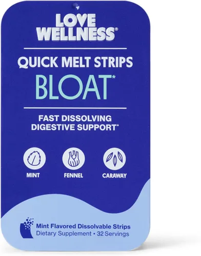 Love Wellness Bloat* Tiras de derretimiento rápido, soporte digestivo de disolución rápida con menta, hinojo y alcaravea, ayuda a aliviar la