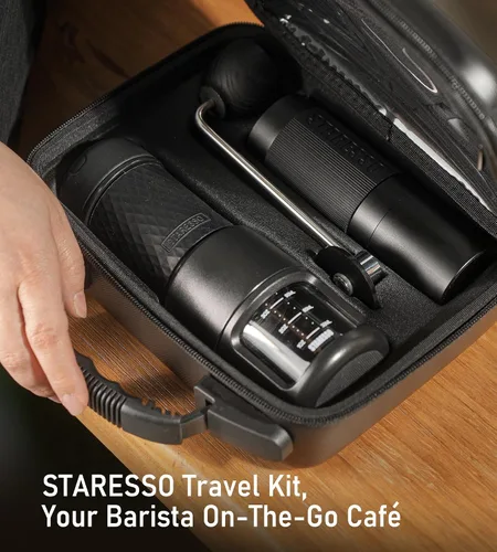 Miniatura 2 de STARESSO Kit de viaje 2026, juego de máquina de café espresso portátil y molinillo, doble uso para café molido y vainas, no necesita energía