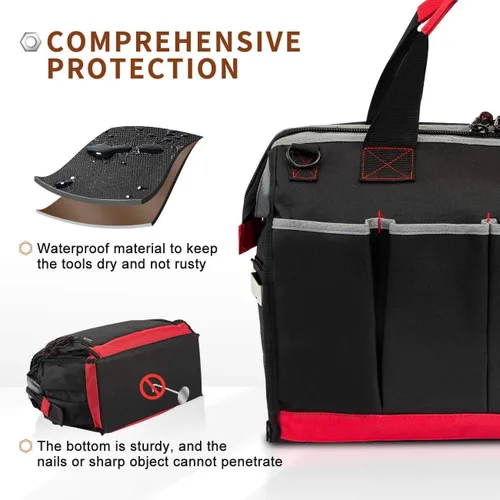 Miniatura 5 de Bolsa de herramientas de boca ancha con 25 bolsillos bolsa de almacenamiento de 16 pulgadas con correa de hombro ajustable negro/rojo