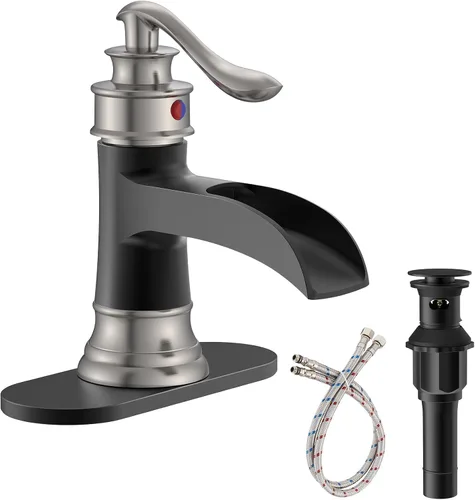 Homevacious Grifo de lavabo de baño con cascada, monocontrol, negro mate y níquel cepillado, grifo mezclador para lavamanos, un orificio, palanca,