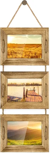 DLQuarts Marcos de Fotos Colgantes 5x7 Collage Decoración de Pared, Marcos de Fotos de 3 Aberturas 5x7 sin Paspartú y 3.5x5 con Paspartú, Madera