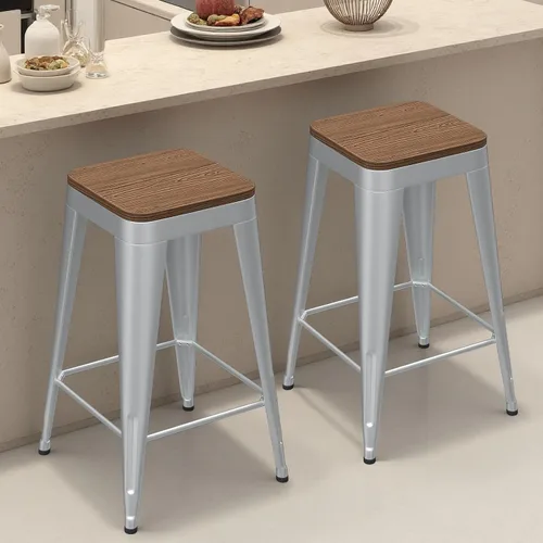 Miniatura 20 de Juego de 4 taburetes de bar de metal, taburetes de bar con respaldo alto con asiento de madera, taburetes de bar negros de 24 pulgadas para isla