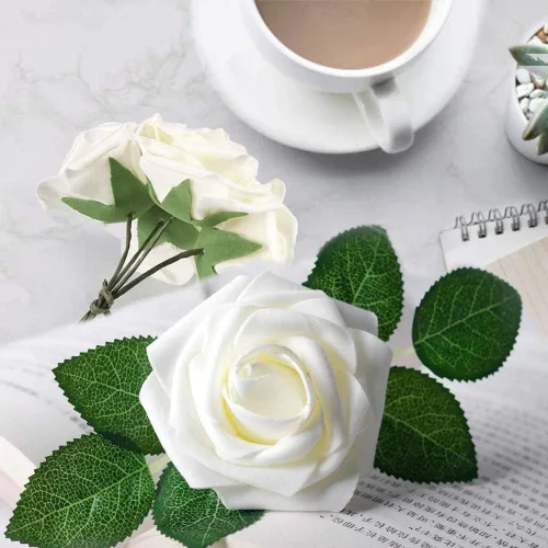 Miniatura 3 de Higfra Flores artificiales, 25 unidades, rosas falsas de aspecto real con tallos para ramos de boda, centros de mesa de baby shower, arreglos Crema