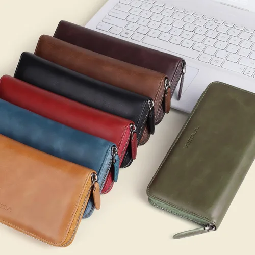 Miniatura 73 de VISOUL Cartera larga de cuero con cremallera para hombres y mujeres con bloqueo RFID, cartera larga de embrague grande con cremallera, Negro