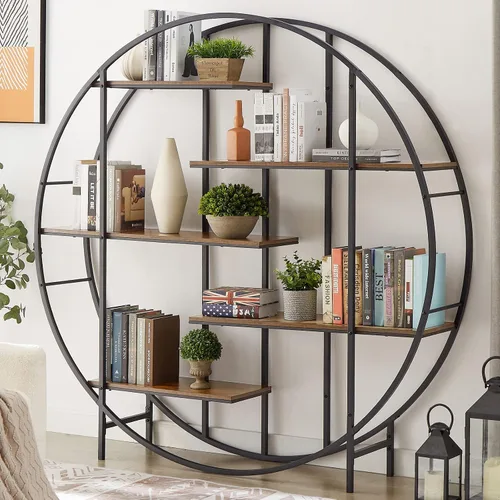 Miniatura 12 de YISUYA Estantería alta de madera de 5 niveles para dormitorio, estantería industrial moderna de mediados de siglo con almacenamiento para sala