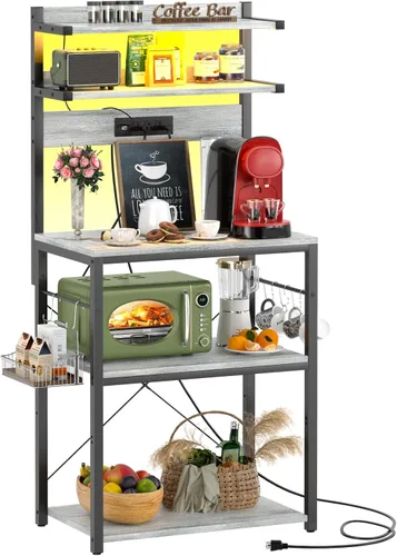 Miniatura 16 de Aheaplus - Estantería de cocina con toma de corriente, soporte para microondas, estación de café de 5 niveles con luces LED, estante