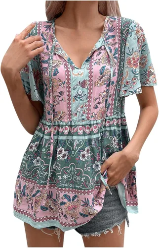 Womens Shirts Dressy Casual 2023 Bohemian Flowy Streetwear Blouses Trendy Tops Short Sleeve Blouses