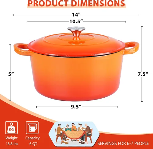 Miniatura 2 de E-far - Horno holandés de 6 cuartos de galón, esmaltado de hierro fundido con tapa, olla de cocina redonda antiadherente para Naranja