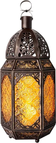 Miniatura 11 de Lewondr Farol de vela retro de hierro Ramadán, portátil de hierro forjado marroquí, de 10.2 pulgadas, portavelas decorativo, lámpara colgante