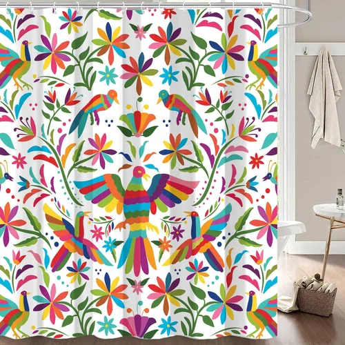 Miniatura 12 de Cortina de ducha con diseño floral de México, para baño, estilo tradicional mexicano Bluebird Otomi, diseño brillante, tela de cachemira, tela