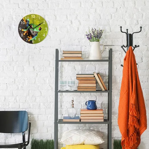 Miniatura 4 de Reloj de pared redondo con diseño de rana de árbol de ojos rojos, pintura al óleo silenciosa sin tictac, decorativo para el hogar, oficina, escuela