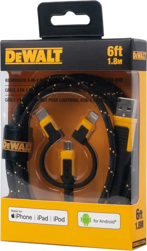 Miniatura 7 de DEWALT Cable de carga múltiple resistente 3 en 1, cable de carga rápida de 6 pies, adaptador de carga múltiple con puerto Lightning/tipo C/Micro USB