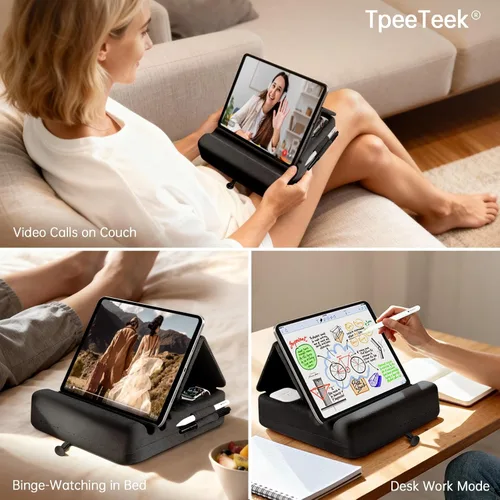 Miniatura 2 de Soporte de almohada para tablet con almacenamiento, soporte plegable para iPad para Lep, cama, sofá y escritorio, base suave con bolsillo y soporte