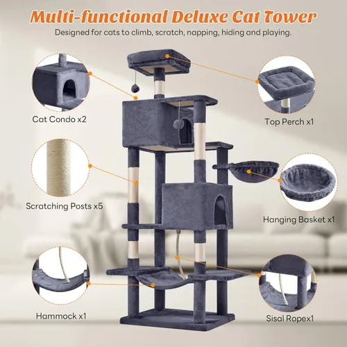 Miniatura 4 de DUMOS Torre grande de árbol para gatos de 66 pulgadas, torre alta de escalada para gatos de varios niveles con postes rascadores de sisal natural