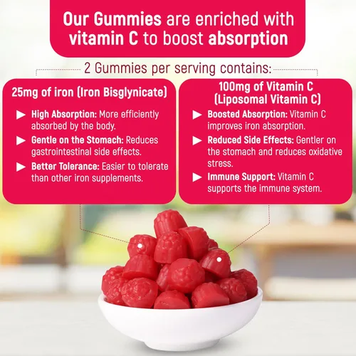 Miniatura 5 de Suplemento de hierro para niños y adultos - Gomitas de bisglicinato de hierro de 25 mg con VIT C liposomal - Suplemento de hierro quelado