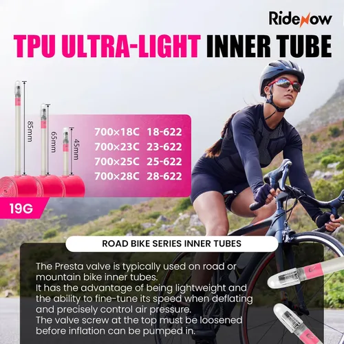 Miniatura 2 de Ridenow 2-Pack Bike Inner Tube for 700/18C-28C, 700/18C-32C,700/28C-38C with 45/65/85 mm Metal &TPU Presta Valves for Road Bikes, Super Light