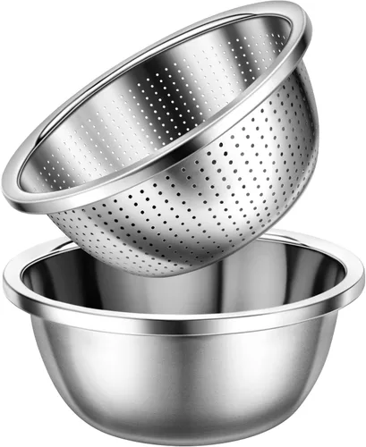Colador de acero inoxidable 304 de 3 cuartos con tazones para mezclar, colador para alimentos de cocina para lavar verduras, frutas, arroz, apto
