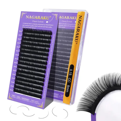 Miniatura 286 de NAGARAKU Extensiones de pestañas, pestañas individuales, 0.05mm, rizo D, 15mm, clásico, negro mate, suave, natural, profesional, 16 filas, 0.05-D