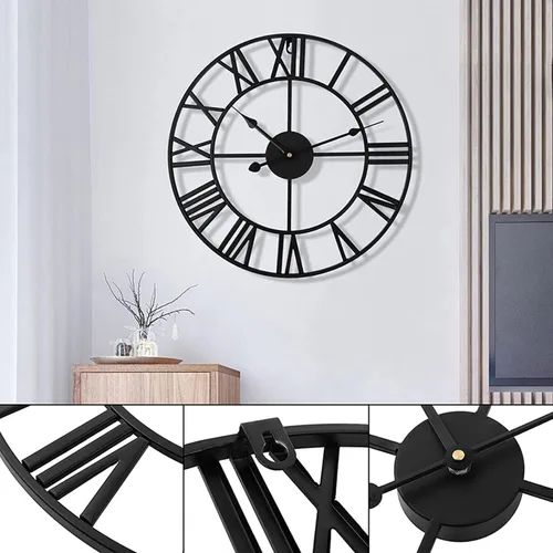 Miniatura 5 de Reloj de pared de metal industrial europeo grande, números romanos retro, movimiento de cuarzo silencioso para sala de estar, cocina, decoración