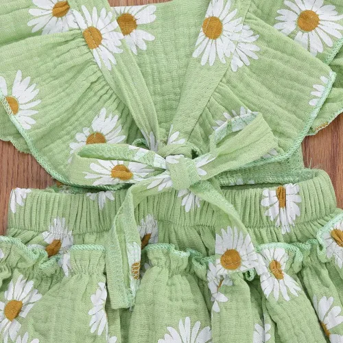 Miniatura 7 de Bebé Niñas Impresión Margarita Algodón Lino Volantes Sin Mangas Mameluco Mono Mono con Headaband Ropa Infantil Verano