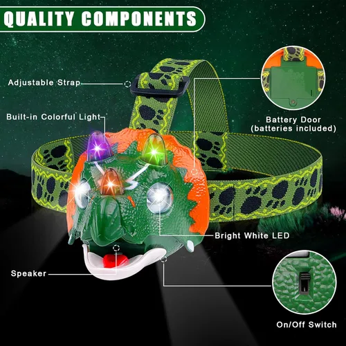 Miniatura 4 de Triceratops - Linterna frontal LED de dinosaurio para niños, artículos esenciales de equipo de campamento Linterna de cabeza de juguete de Verde
