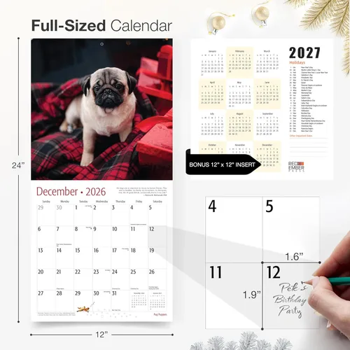 Miniatura 5 de RED EMBER Pug Puppies - Calendario de pared 2026 de 12 meses 12 x 24 pulgadas abierto Papel grueso y resistente Regalo Lindo calendario