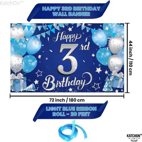 Miniatura 4 de KatchOn, Cartel de tercer cumpleaños azul y plateado – Xtralarge, 72 x 44 pulgadas Decoraciones azules de tercer cumpleaños para niños y niñas