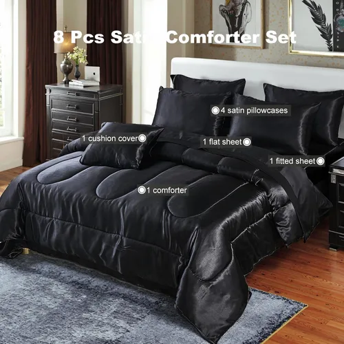 Miniatura 2 de Bedding_Dreamer Juego de edredón sedoso negro de satén en una bolsa, 8 piezas de ropa de cama sedosa de hotel de lujo con 1 edredón, 1 sábana