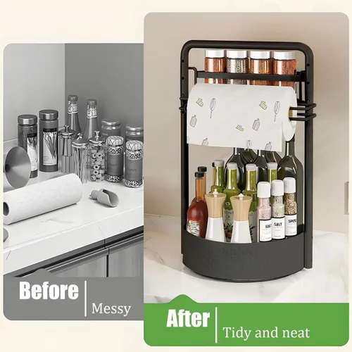 Miniatura 7 de JEESA Organizador Lazy Susan, estante giratorio de metal de 360° para especias con soporte para toallas de papel, soporte giratorio para Negro