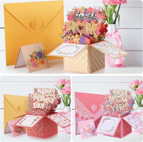 Miniatura 6 de POPGIFTU Paquete de 3 tarjetas emergentes 3D para el día de la madre con sobres y etiquetas de mensaje, juego de tarjetas de felicitación de ramo