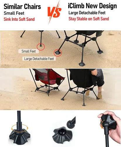 Miniatura 4 de iClimb Silla de camping ultraligera compacta plegable para playa con pies grandes antihundimiento y soporte de espalda con cuerda