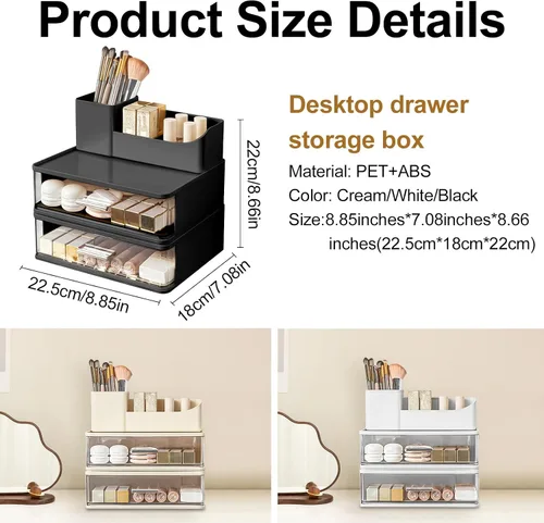 Miniatura 6 de DASITON Organizador de maquillaje para tocador con 2 cajones, organizador de cosméticos apilable con soporte para brochas de maquillaje, organizador