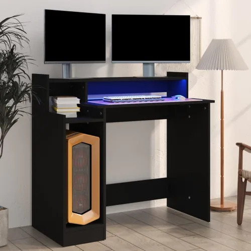 Miniatura 2 de vidaXL Escritorio, muebles de escritorio de oficina en casa con luces LED, escritorio de computadora de pie, mesa de estudio, estilo moderno, madera