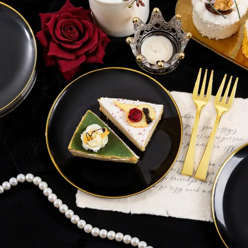 Miniatura 5 de Festiva 200 Piezas Platos de Postre Negro y Dorado de 6.3" con Tenedores de Plástico de 5"- Platos Desechables Pequeños- Platos de Plástico