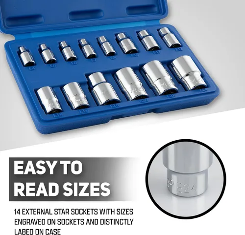 Miniatura 5 de NEIKO 04300A E-Torx Juego de Zócalos, 14 Piezas, Toma Torx Externa, E4 a E24, 1/4", 3/8" y 1/2" Unidad, Torx Externo Hembra, Torx Invertido, Acero