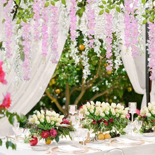 Miniatura 7 de Paquete de 5 guirnaldas de flores colgantes de glicina rosa, enredaderas de flores artificiales de 3.77 pies, glicinia falsa, guirnalda colgante