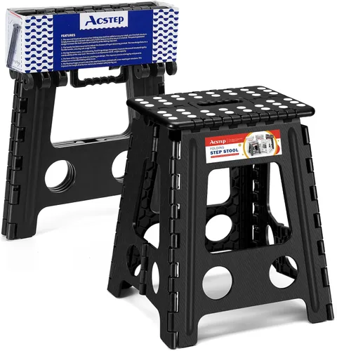 Miniatura 23 de ACSTEP Taburete plegable para adultos de 11 pulgadas de altura, taburete de plástico ligero plegable con capacidad de hasta 300 lbs, taburete Negro