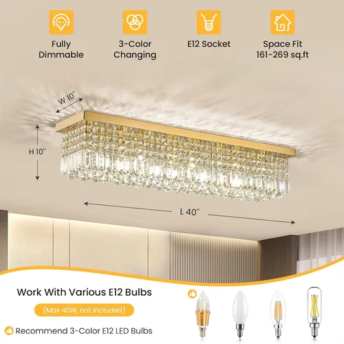 Miniatura 9 de Siljoy Candelabro de Cristal Moderno de 6 Luces Rectangular Dorado K9 Candelabro de Cristal en Forma de Gota de Lluvia para Comedor, Lámpara
