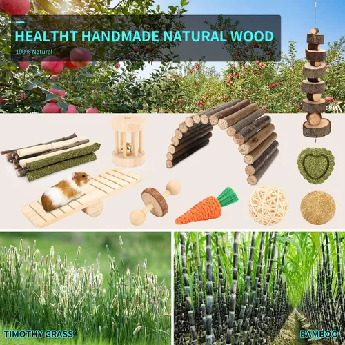 Miniatura 6 de Accesorios para jaula de hámster YIXUND, 12 juguetes diferentes para masticar para conejillo de indias, chinchillas, jerbos, ratones, ratas, ratón