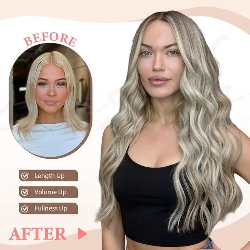 Miniatura 2 de Fliace Extensiones de cabello con clip, 6 piezas de extensiones onduladas, cabello espeso rubio ceniza, extensiones de cabello que se mezclan bien