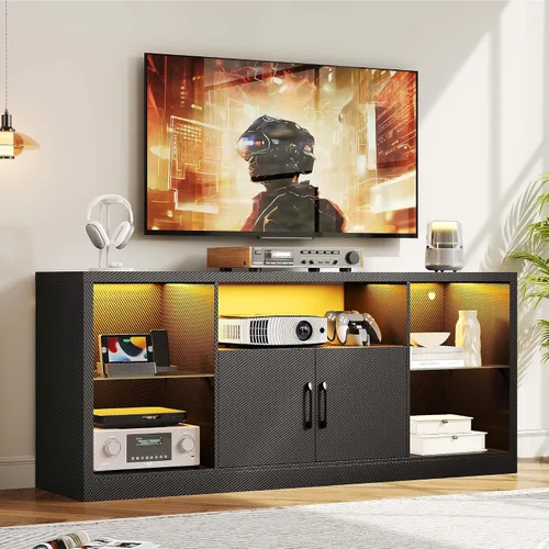 Miniatura 2 de IRONCK Soporte de TV para televisores de 65 pulgadas con toma de corriente y luces LED, centro de entretenimiento de fibra de carbono con gabinetes
