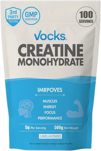 Vocks Polvo de Monohidrato de Creatina - Suplemento de Creatina, Creatina Micronizada, Polvo de Creatina - Sin Sabor y Sin Gluten, 5g por Porción,