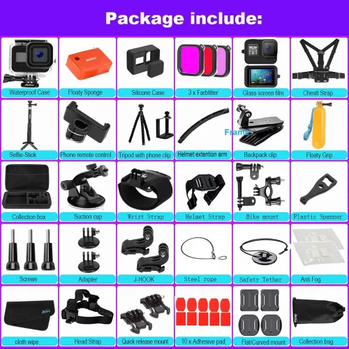 Miniatura 6 de Kit de accesorios 68 en 1 para GoPro Hero 7 6 5 negro GoPro7 acción cámara filtro marco impermeable carcasa caso paquete 60A