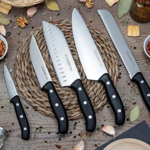 Miniatura 4 de 3 Claveles Cuchillo japonés Santoku, patrón de panal, carne, pescado y verduras, acero inoxidable, línea DOMVS, 7.1 in - 7 pulgadas