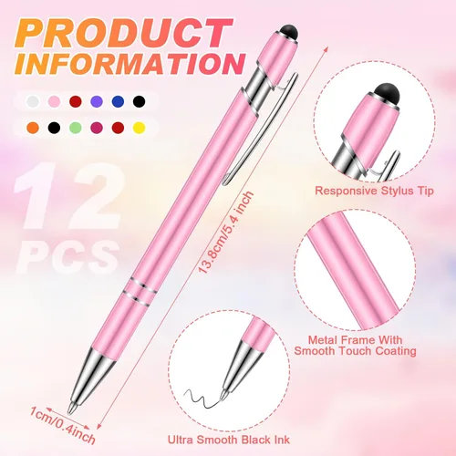 Miniatura 3 de Tenare 12 piezas 2 en 1 bolígrafo de metal con punta de lápiz capacitivo, bolígrafo de 1,0 mm de tinta negra para pantallas táctiles (color surtido)