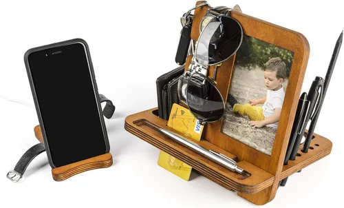 Miniatura 8 de Estación de acoplamiento de madera para teléfono, organizador de mesita de noche para hombres, soporte para reloj y tableta, soporte para reloj